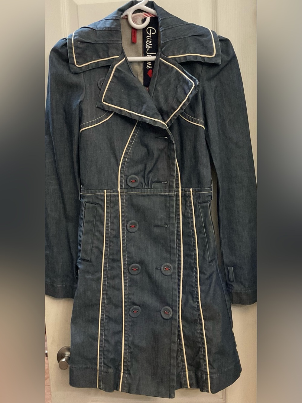 Vintage Guess Dark Denim Trench Coat with Cream Piping